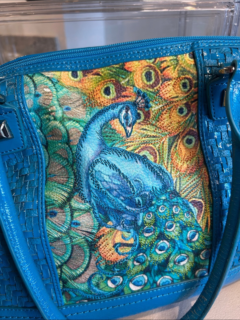 Sharif Turquoise Cross Stitch Peacock Woven Leather Satchel 14”x 4”x 10.5” EUC - Picture 7 of 8